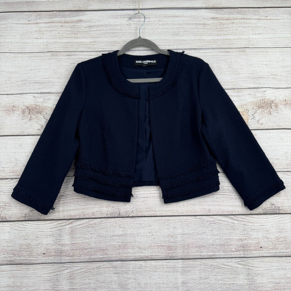 Karl Lagerfeld Paris Jacket Womens Navy Blue Tweed Fringe Cropped LD6R2120